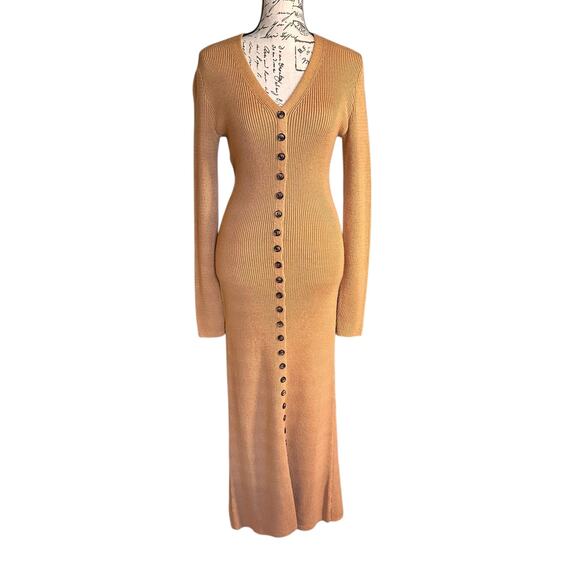 EUC LPA Kavala Rib Knit Button Front Maxi Dress Tan Wool Blend Size M Minimalist - Picture 2 of 8